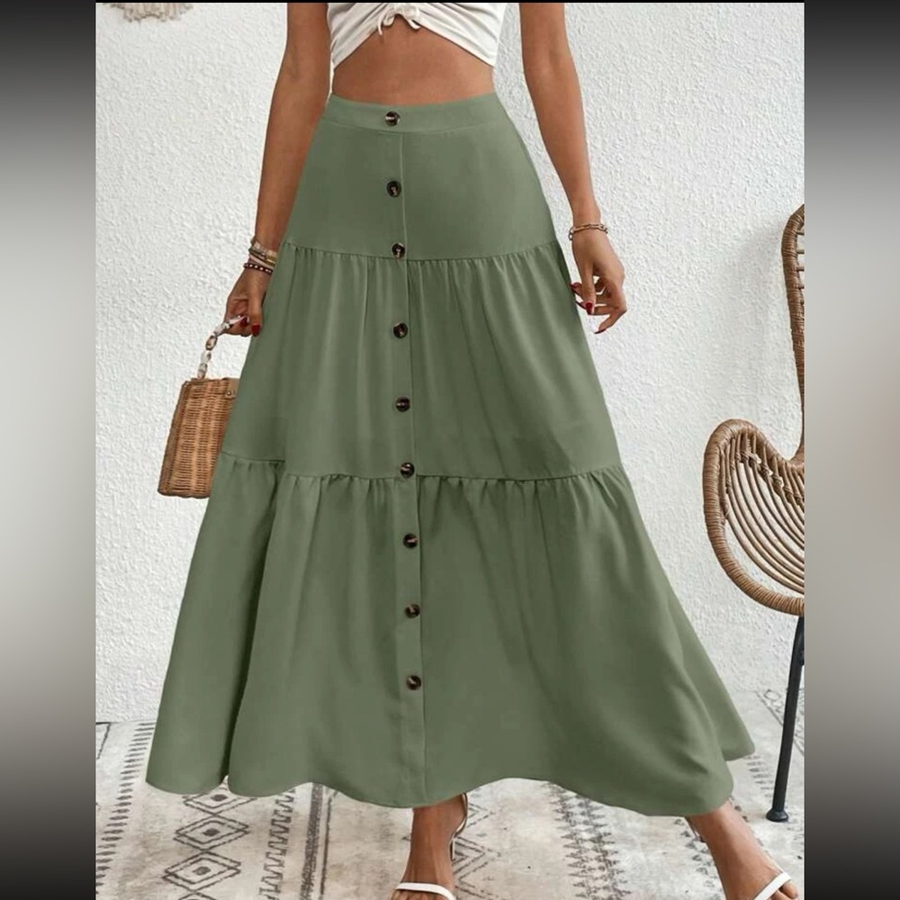 Boho dusty pink button detail ruffle hem maxi skirt - Picture 8 of 16